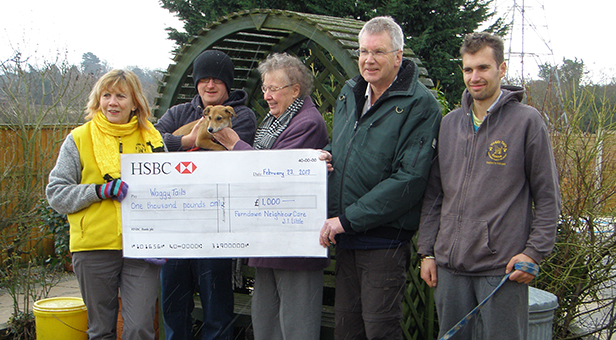 Chrissie Davies, Waggy Tails trustee; Ashley Rayner, Waggy Tails volunteer with Alice; Joyce Little, NeighbourCare; Chris Wilkinson, Waggytails volunteer and NeighbourCare driver; David Jones, Waggytails Duty Manager with Chip