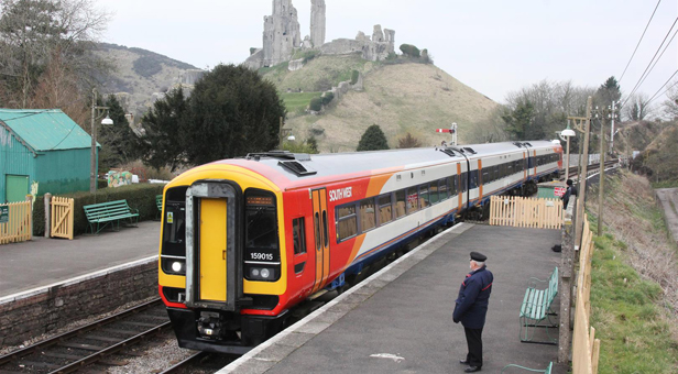 After a 41-year wait, the special train arrives at Corfe Castle