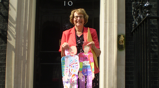Annette at No 10 with some of the 'teachers' made at St Catherines’s RC Primary School