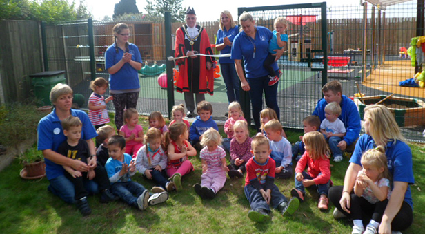 Mayor of Ferndown Cllr John Lewis officially opening the Heatherlands Hopscotch Pre-school