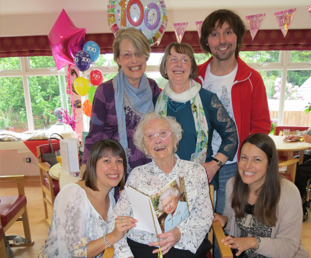 Freda with her card from The Queen and from left grand-daughter Jackie Morkham, step-daughter Dilys Huggins, daughter Jane Brown, grandson Jason and grand-daughter Kate Nicol.