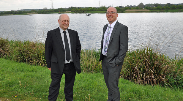Green solution: Tony Primmer, SBW's Production Manager (left) and Tim Latcham, Head of Water Supply, at Longham Lakes