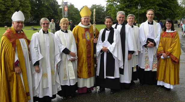 Salisbury Cathedral after the ordination from left: Bishop of Sherborne, Right Revd Dr Graham Kings; Revd Vanessa Herrick, rector of Wimborne Minster; Revd Belinda Marflitt, Wimborne Minster; Bishop of Salisbury, Right Revd Nicholas Holtam; Revd Ben Dyson, St John's; Revd Peter Breckwoldt, vicar of St John's Wimborne; Revd Canon Chris Tebbutt, rector of Canford Magna and rural dean of Wimborne; Revd Stephen Partridge, Canford Magna and the Revd Sandra Tebbutt, Canford Magna who acted as deacon during the service of ordination