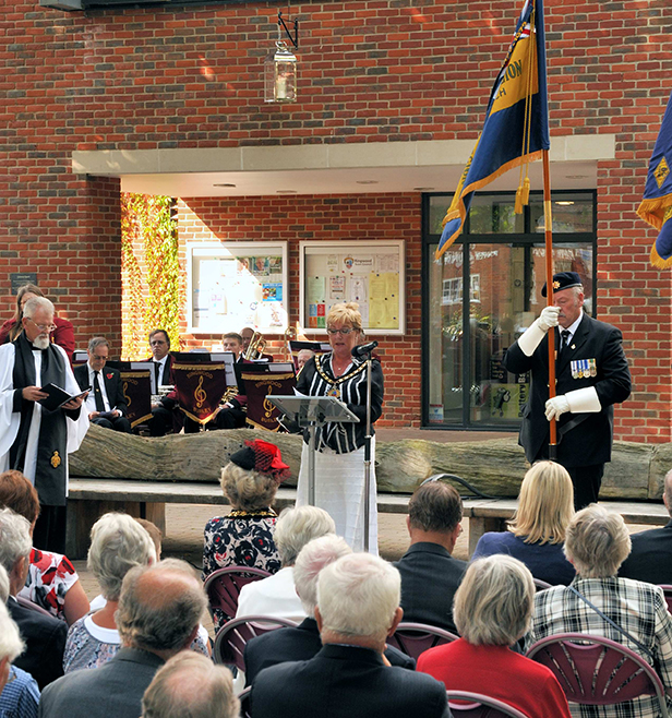 Ringwood Town Mayor Councillor Barbara Woodifield and The Reverend Terry Roberts, with the Lantern of Remembrance behind.