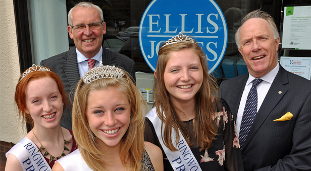 Carnival Queen Isabella Rix (front) with attendants Becky D'Arcy and Mabel Collins; Nigel Smith of Ellis Jones and Michael Lingam-Willgoss of Ringwood Carnival.