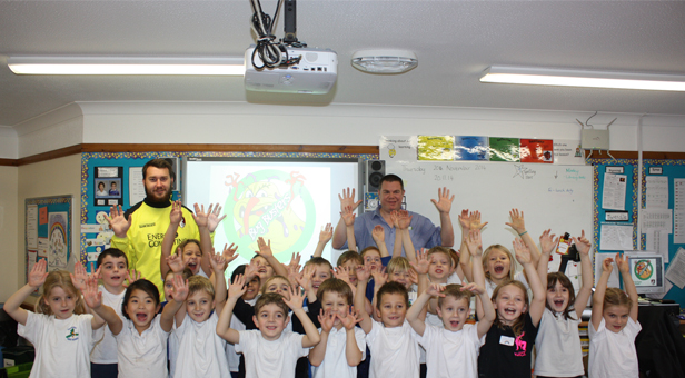 Showing off clean hands: back left, AFCB Community Coach Nick Clark, and right, Nuffield Health Bournemouth Hospital's Chris Tickner with Year 2 pupils