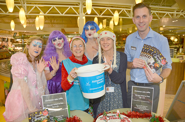 Haskins Staff as Ugly Sisters join Alzheimer’s Society volunteer Mary Rackham and Service Manager Jo Malyon with Matt Hill
