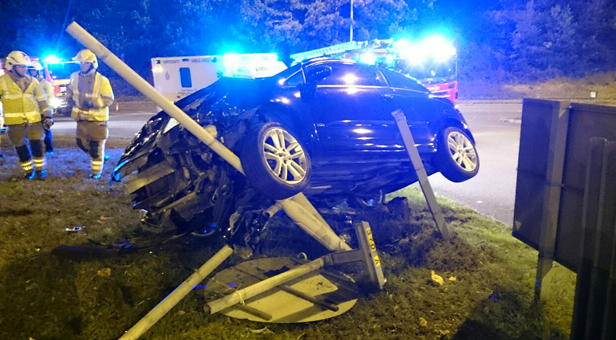 DON'T DRINK AND DRIVE: Vauxhall Corsa collides with lamppost, photograph courtesy of Ian Read of Dorset Fire and Rescue Service
