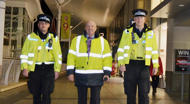 Bill Riddle (centre) patrols with PCSOs (left) Adam Lillywhite and Phillip Robins.