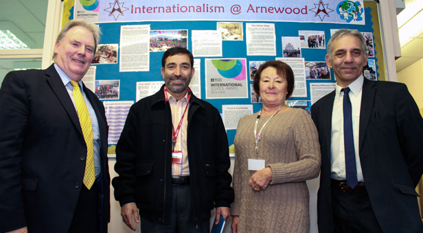 A visit of shared learning - Headteacher Hashim Ali (second left) was visiting The Arnewood School. Also in the photo (left to right) The Arnewood School’s Headteacher Chris Hummerstone; Chair of Governors, Elizabeth Cook and Head of English Steve Mabert.