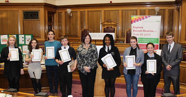 All the finalists with Cllr Toni Coombs and also Poet James Manlow