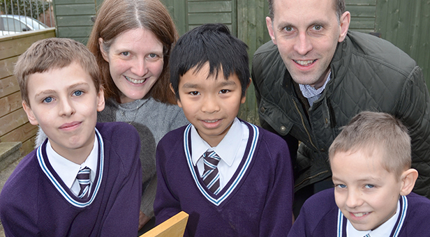 Alex Bushnell, Christopher Yong and Luke Kelly examine their new nest box with Emma Haworth and Matt Hill