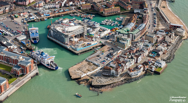 Aerial photo of Ben Ainslie Racing team base in Portsmouth by Shaun Roster.