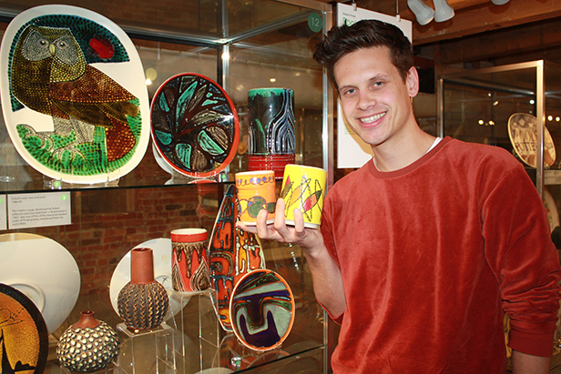 Artist, Ian Giles at the Poole Pottery exhibition in Poole Museum
