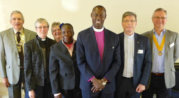 Bishop Samuel and his wife Sentina (centre) with (left to right) Rotary President Derek Radley; the Rev Vanessa Herrick, Rector of Wimborne Minster; Sheila Soper, who recently visited South Sudan; Chris Tebbutt, Rector of Canford Magna and Rural Dean of Wimborne; and Rotary President Elect Alan Griffiths.