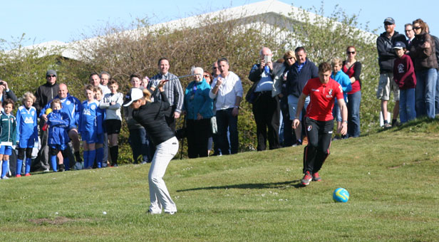 Golf professional Georgia Hall and AFC Bournemouth U21 player Jordan Holmes launching the new golf course.