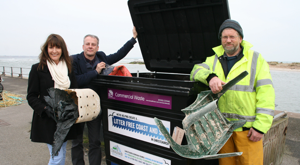 Ward councillors Claire Bath and Trevor Watts with Richard Stride, Chairman of Mudeford & District Fishermen’s Association by the new bin