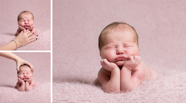 Image showing safe practice in newborn photography: how KW Photography creates a ‘composite’ newborn portrait in which a baby appears unsupported, but is in fact safely handled throughout.