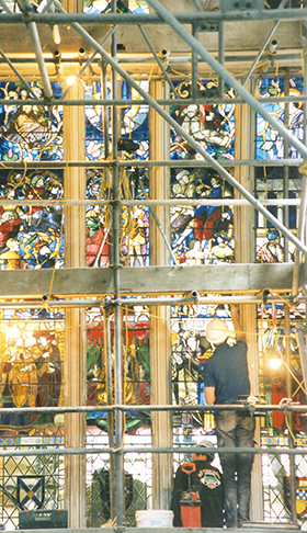 Restoration of Jesse Window in Great Hall in 1999. Courtesy of Dennis Booth