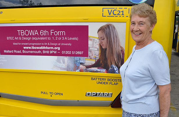 Janette with the Yellow Bus advert