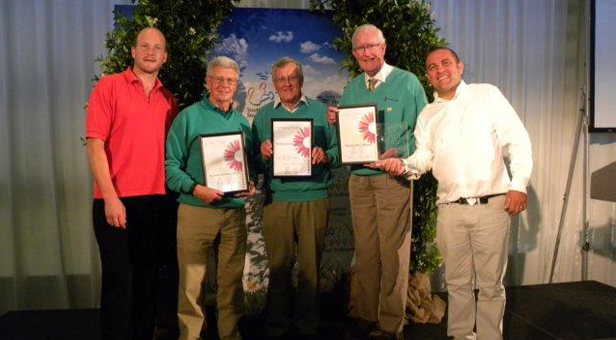 BRIGHTON AWARDS CEREMONY (from left to right): Tom Hart Dyke of Lullingstone Castle World garden creator who presented the awards along with Chris Collins (far right) celebrity gardener with Chris Hooker, Richard Nunn and Anthony Oliver