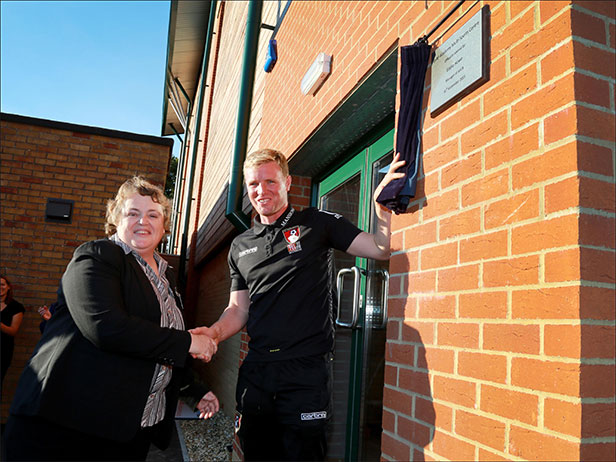 Gill Blanshard and Eddie Howe at the new facility at the LeAF Academy