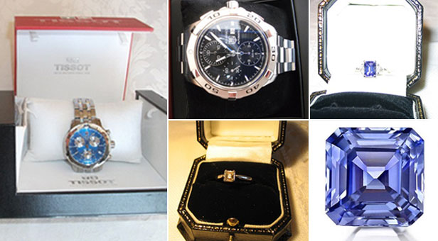 Tissot watch; Tag Heuer watch; tanzanite and diamond ring set in platinum; engagement ring - Asscher 0.5 carat cut diamond set in platinum; 4.25 carat, mid-cornflower blue Sri-Lanka Asscher cut sapphire