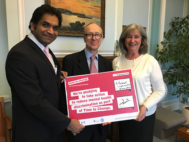 Cllr Vishal Gupta, Andrew Flockhart and Cllr Janet Walton signing the council's Time to Change pledge board