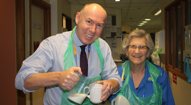 Chief Executive Officer Tony Spotswood with Mary Wrighton, Blue Coat volunteer, during the Ward 16 tea round on Friday 12 February