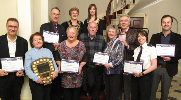 All the winners with the mayor. Back row l-r: George Skinner, Mayor Cllr Ann Stribley, Mayoress Mrs Johann Lewington. Front row l-r: Neil Lovejoy, Mary Parsons, Vickie Campbell, representatives from the Aspen Copse team, Sgt Gemma Barber and PC Paul Cleal