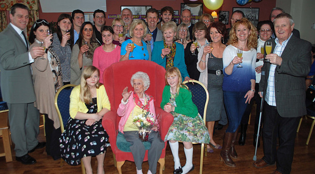 Family celebration: Lydia (centre) was joined at her party by a host of family and friends including her five children, 12 grandchildren and seven great grandchildren