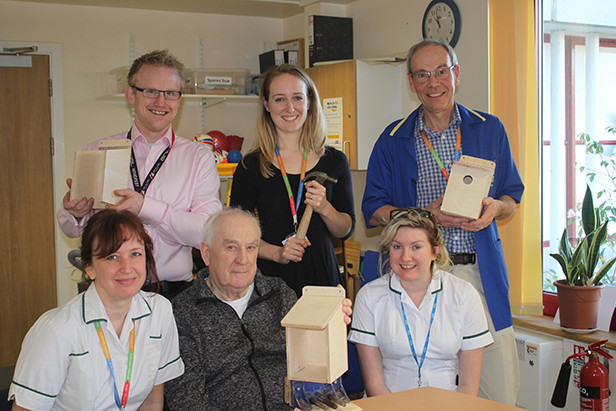 Back row (l-r) Allen Gilbert Stroud of Westmade with Trust Sustainability Manager Laura Dale and blue coat Stroke Unit volunteer John Warren. Front row (l-r) occupational therapist Anna Perrin with stroke patient Ron Farrant and occupational therapist Coral Higgs