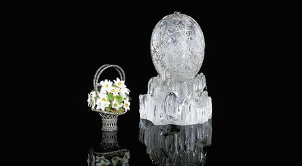 The Winter egg given to Tsarina Maria Feodorovna by Nicholas II at Easter 1913.  It contained the tower basket and is now in a private collection in Qatar