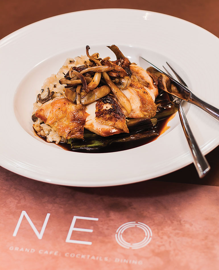 Sauteed-corn-fed-chicken-breast-wild-mushrooms,-lemon-thyme-risotto-and-charred-leeks