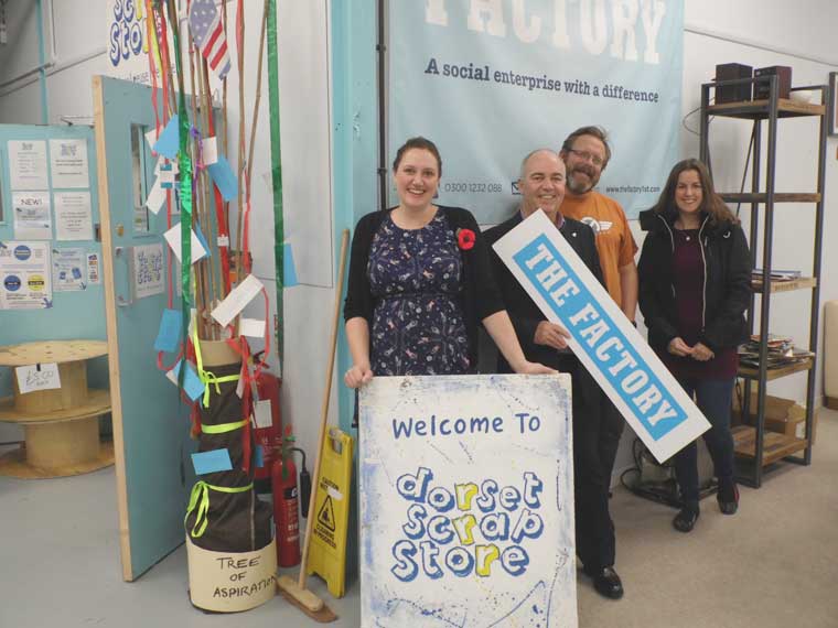 (L-R) Vanessa Marsh, general manager at the Dorset Scrapstore, with Peter Wiggins, enterprise business manager at New Leaf, Jon from Print Room 105 (PR105) and Lisa from Hey Create, businesses also located at the Factory