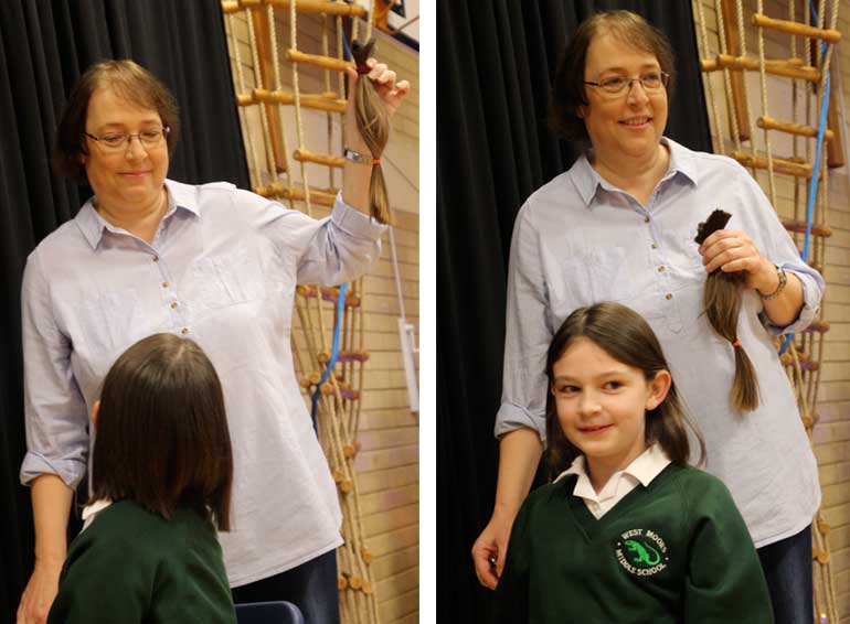 L: Charlotte checks to see what her mother has done R: A relieved Sarah realises Charlotte still has enough hair to be styled into a bob