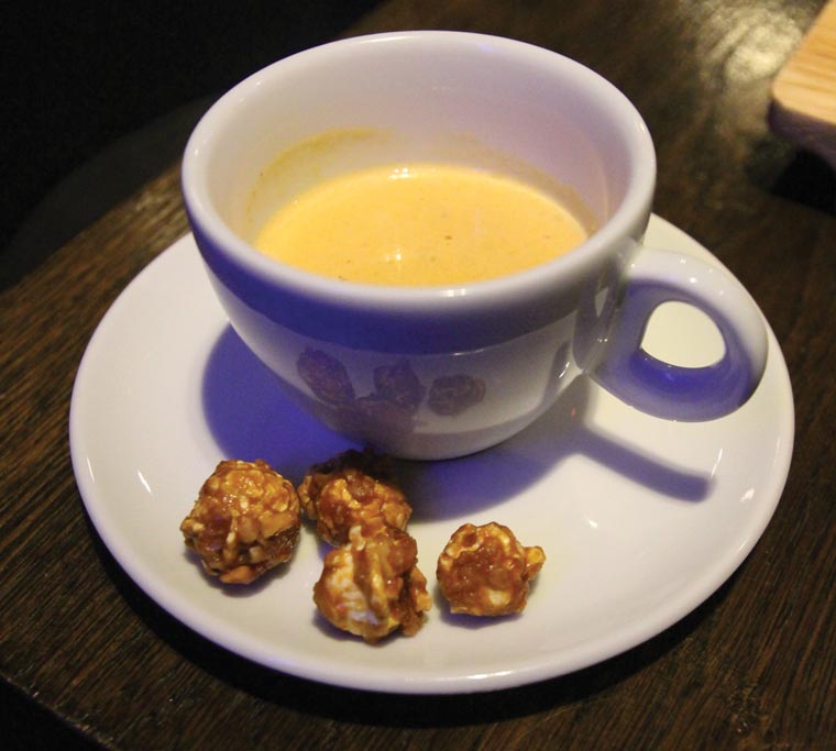 Amuse Bouche of Thai Curry Soup and Caramel Popcorn