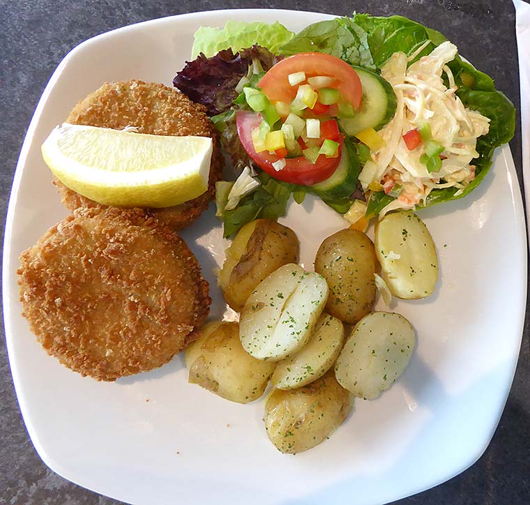 Salmon and broccoli fishcakes at Spikes Bistro