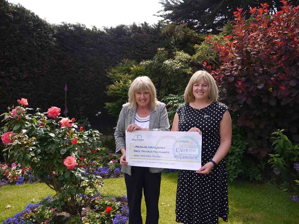 Lin Sharpe (left) receiving the £3,000 cheque from managing partner, Nicola Lowe.