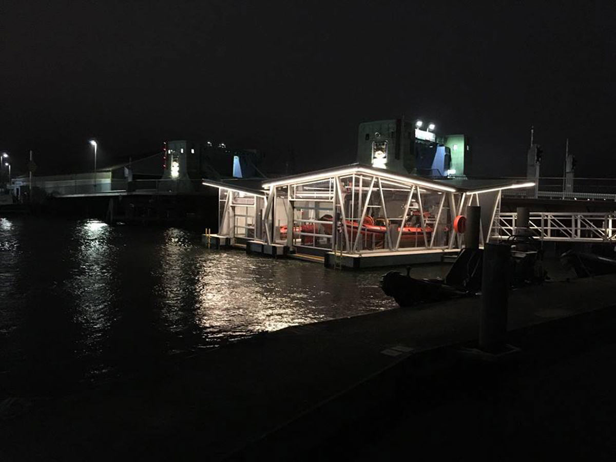 The new boathouse at night.