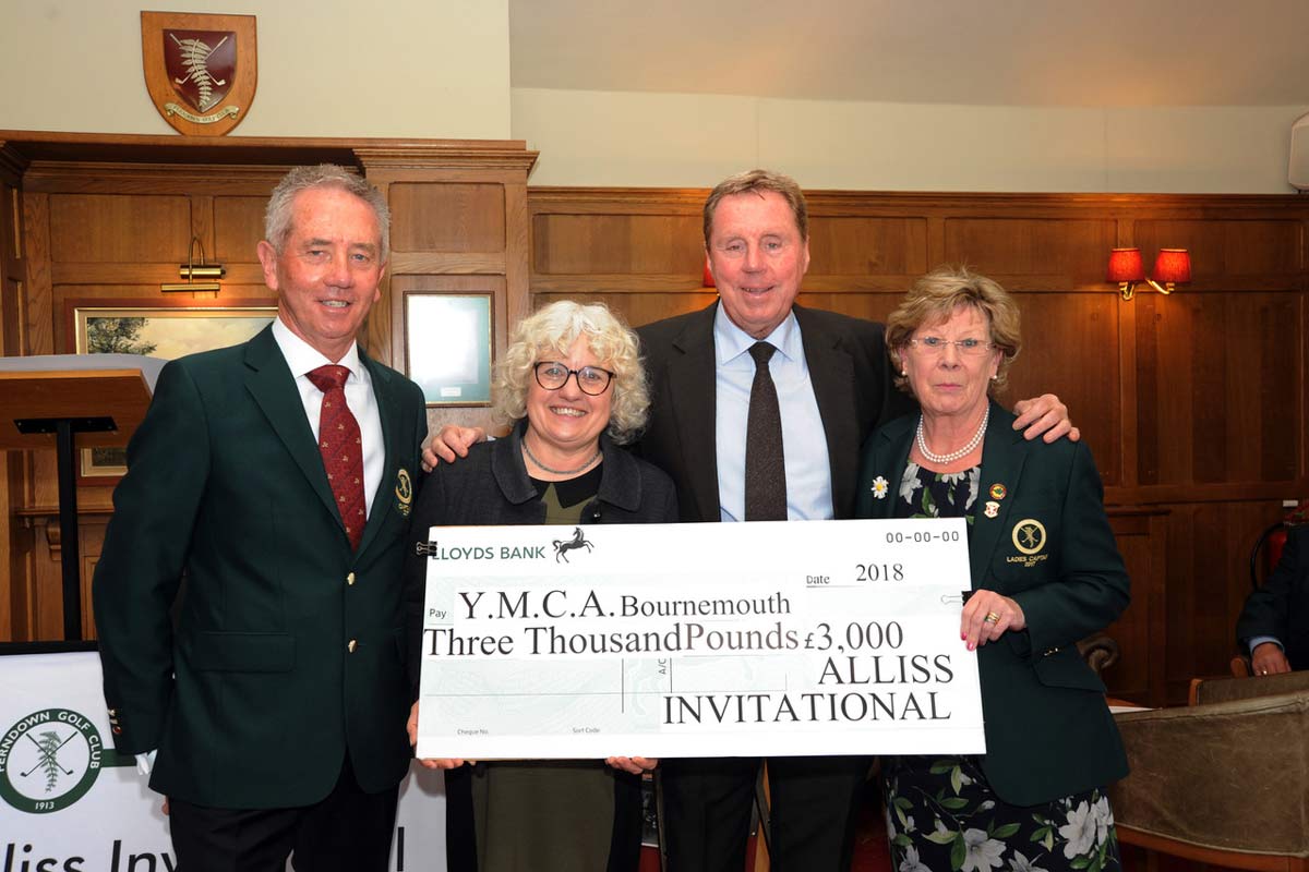 (L – R) Men’s captain, Stuart Mackenzie, Sheena Dayman, Harry Redknapp and ladies captain, Helen Strawford.