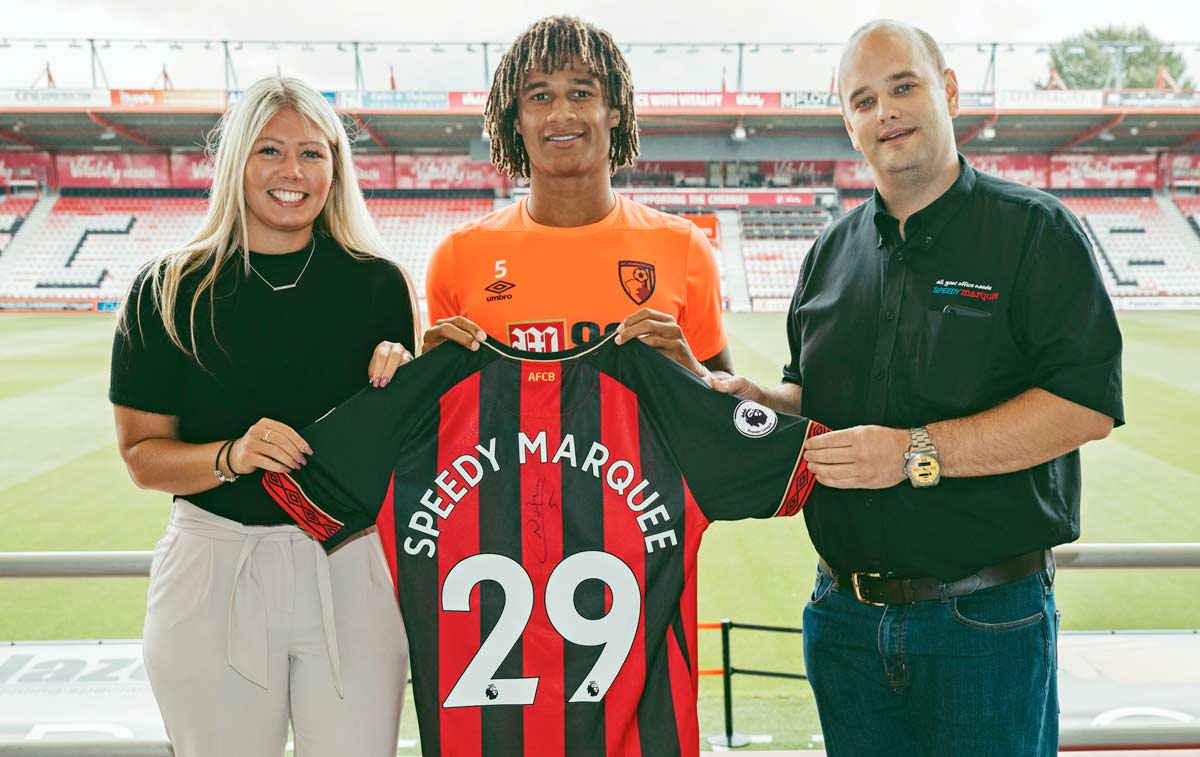 (L-R) AFC Bournemouth's partnerships manager Amy Brunton; Cherries star, Nathan Ake and Speedy Marquee’s, Matthew Hickman