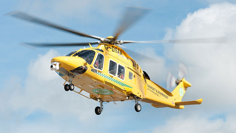 The Dorset and Somerset Air Ambulance AW169 helicopter flying high