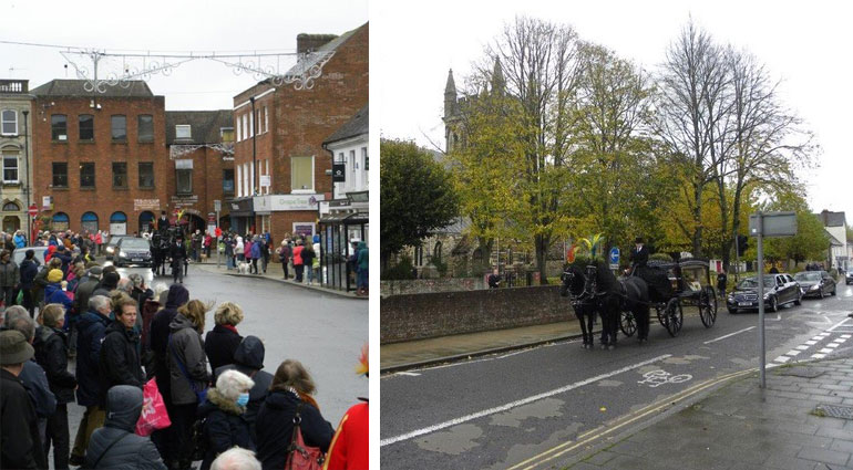 Left: A town pays its last respects to Ian Willis. Right: Stopping outside the site of the house where Ian was born (now the Minster's car park). Photos: © Anthony Oliver