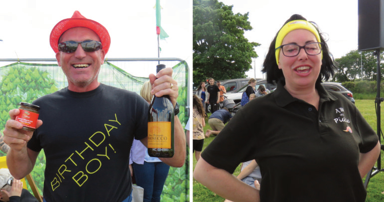 L: Gary Hole winner of the popcorn challenge with his prizes and R: Victorious Irena from Cardiff wins Chilli Eating Competition