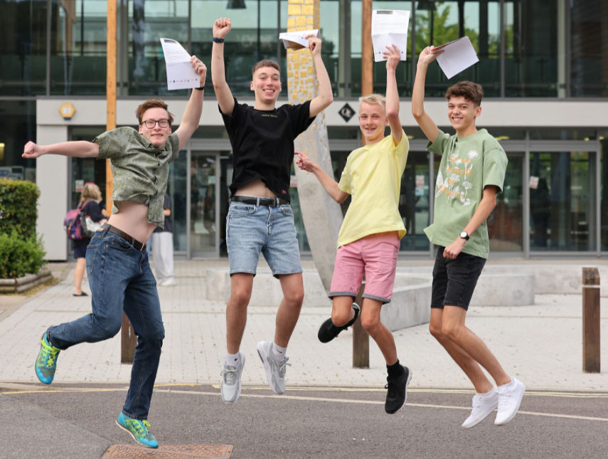 Pictured: Eddie Burgess, Kai Franklin, James Carter and Edward Clark celebrate exceeding their expectations on A-Level results day