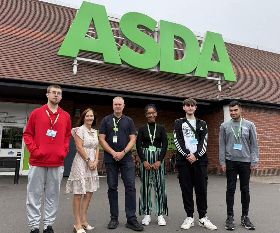 L-R: SWRAC learner Ashley, Supported Employment Assistant Manager Andrea Murphy, ASDA Store Manager Wayne Bailey, SWRAC Work Experience Co-ordinator Dionne Polychronopulos, and SWRAC learners Brennan and Kayden.