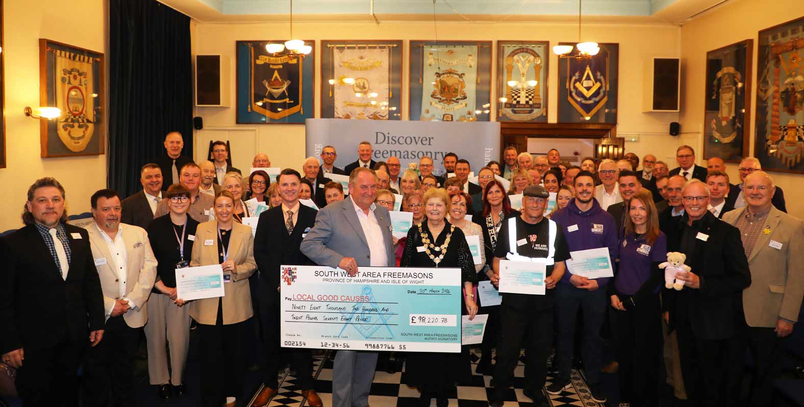 Chris Lockwood and Bournemouth Mayor, Cllr Jackie Edwards, with masons and representatives of charities and good causes