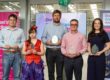 Winners of the 2026 Dorset Apprenticeship Awards. L-R William Trowbridge, Maisie Sansom, Phillip Grounds collecting on behalf of Oliver Barge, Brian Bartlett and Laura Davis.