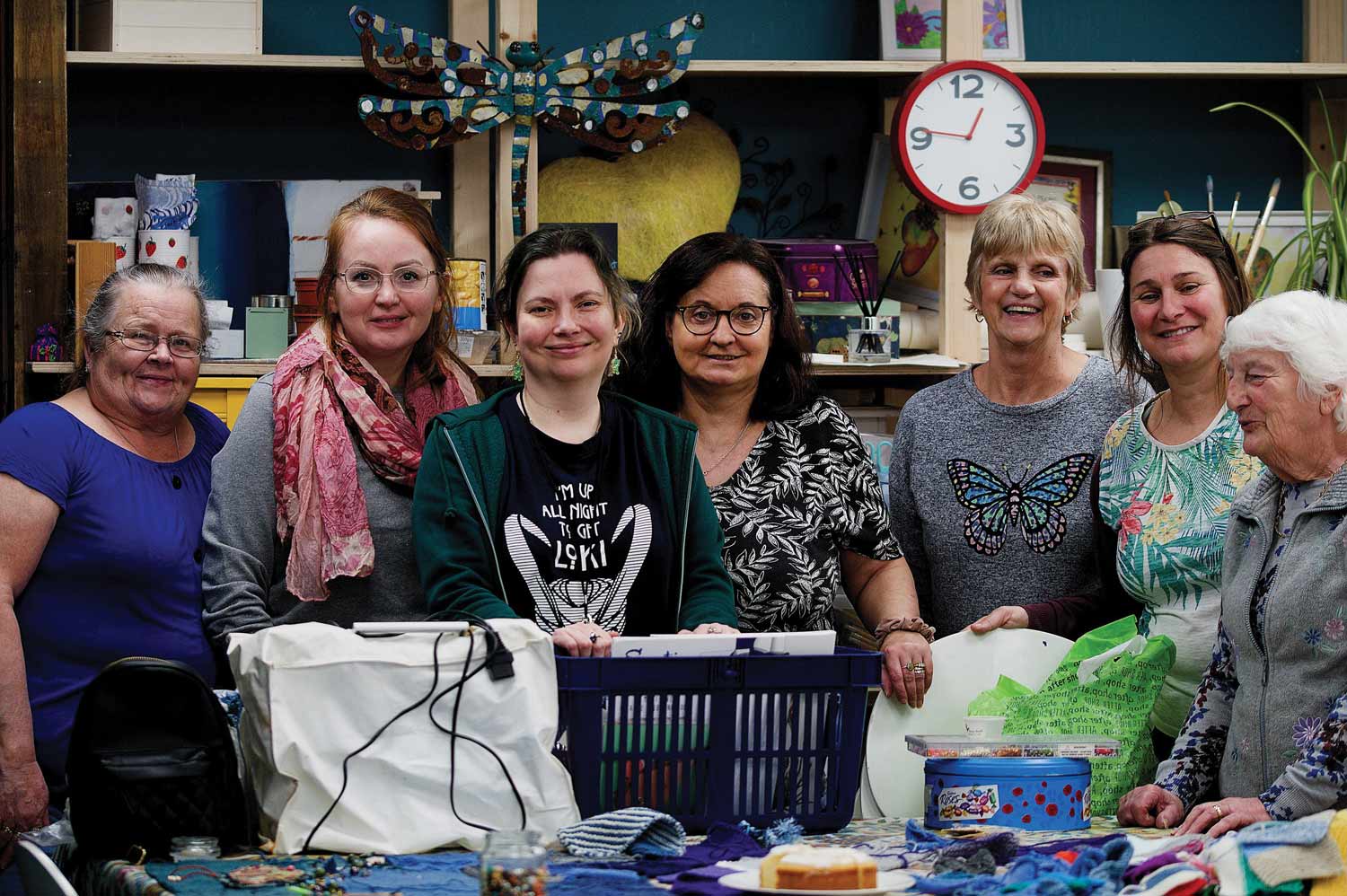 A community blanket session at The Power House Hub. L-R: Jacqui Hagans, Sonata Marcinkeviciene, Rachael Frosdick, Heather Borg-Fowley, Tracy Jones, Alix Rusling (TPH project manager and co-founder) and Pauline Atkinson